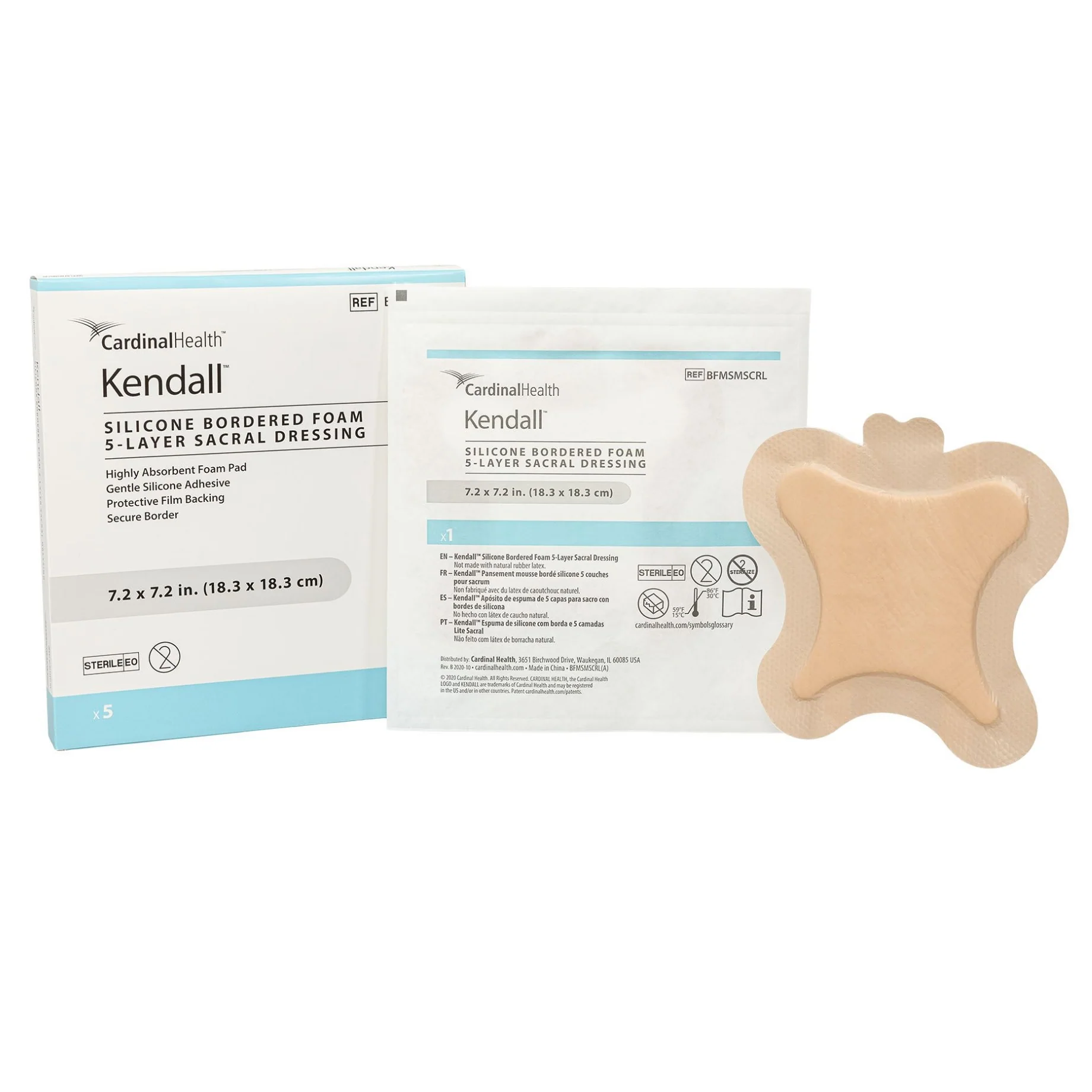 Cardinal Health Kendall Silicone Bordered 5-Layer Foam Sacral Dressing, Small 7.2" x 7.2"