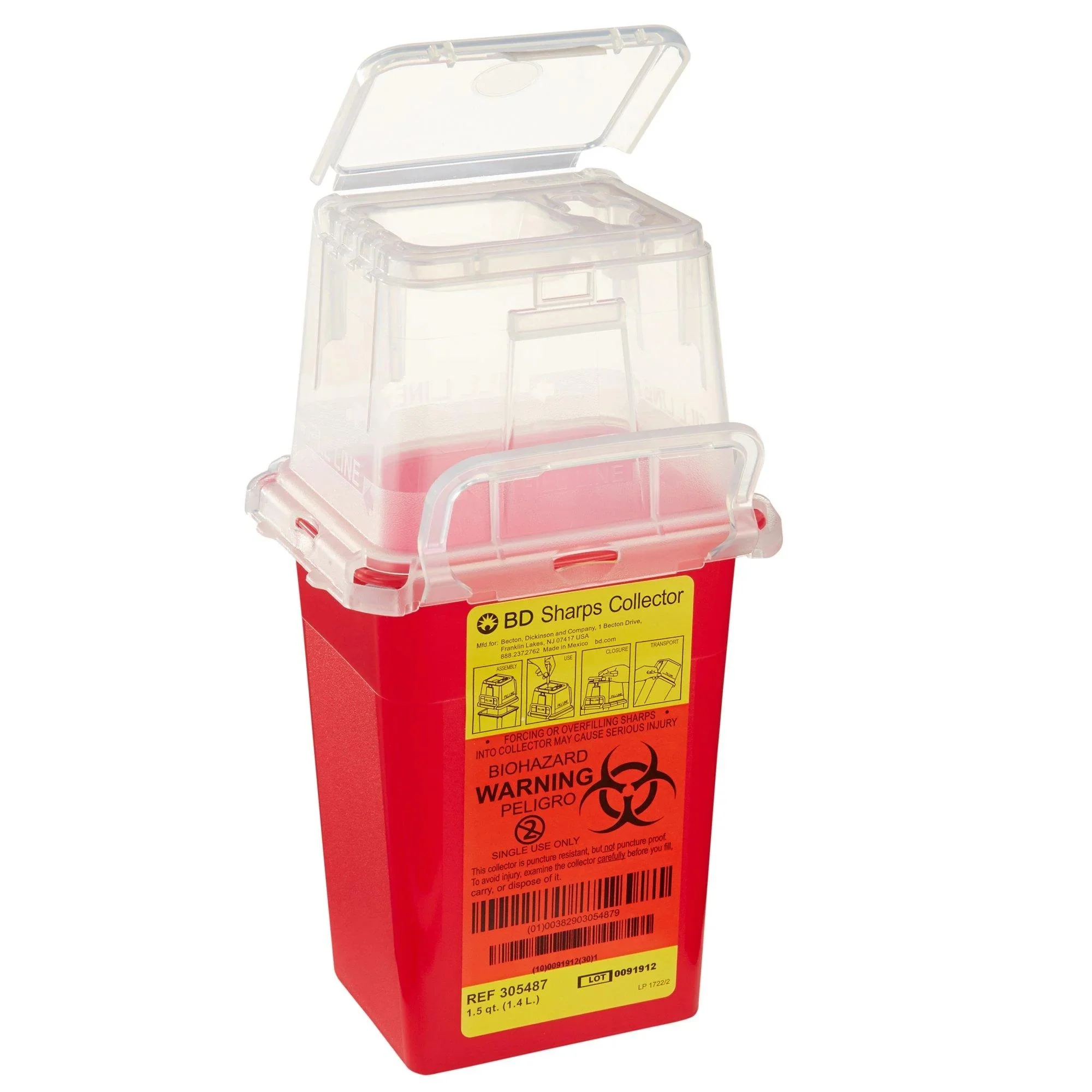 Beckton Dickinson BD Nestable Sharps Container, 1.5 qt, Pre-Assembled, One-Way Funnel, 305487 - Image 2