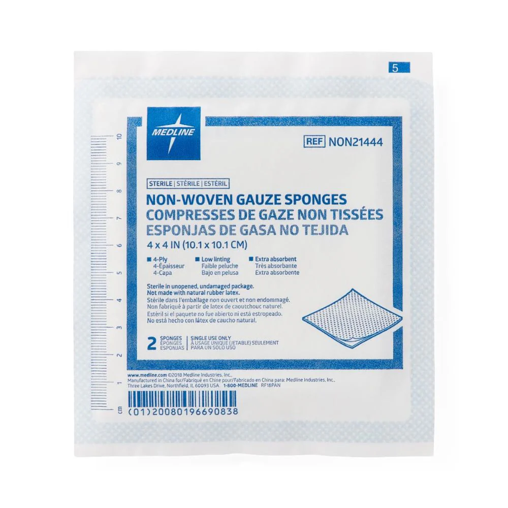 Medline Gauze Sterile Nonwoven 4-Ply Sponges, 4" x 4", in 2-Packs, Rayon/Polyester, Low Linting, Extra-Absorbent, NON21444 - Image 2