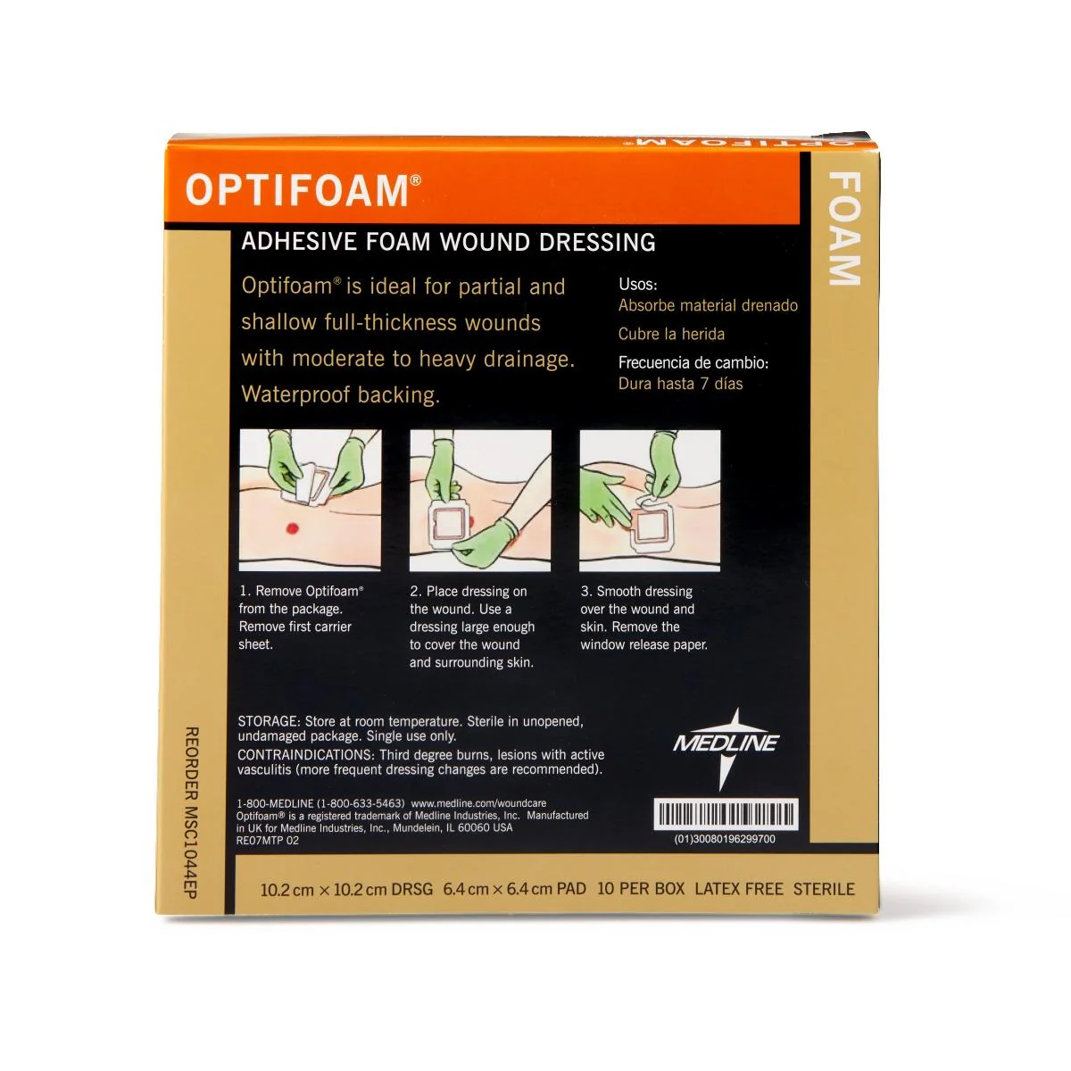 Medline Optifoam Adhesive Sterile Foam Wound Dressing 4" x 4" with 2.5" x 2.5" Pad in Educational Packaging, Square Shape, Waterproof, MSC1044EP - Image 2