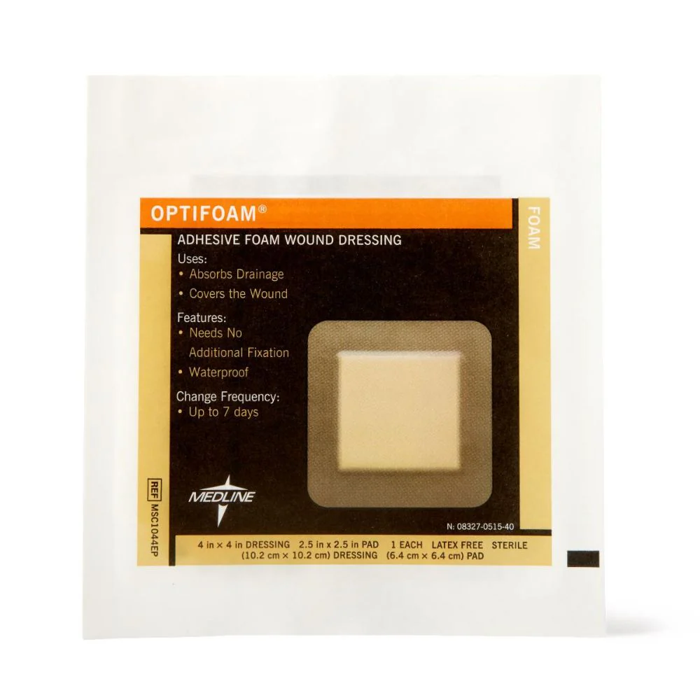 Medline Optifoam Adhesive Sterile Foam Wound Dressing 4" x 4" with 2.5" x 2.5" Pad in Educational Packaging, Square Shape, Waterproof, MSC1044EP - Image 4