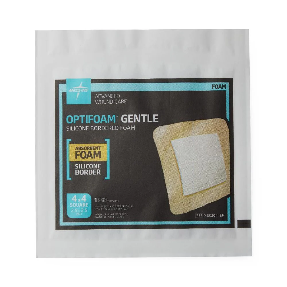 Medline Optifoam Gentle Foam Dressing with Silicon Adhesive Border 4" x 4" with 2.5" x 2.5" Pad, Square, Waterproof, Sterile, MSC2044EP - Image 3
