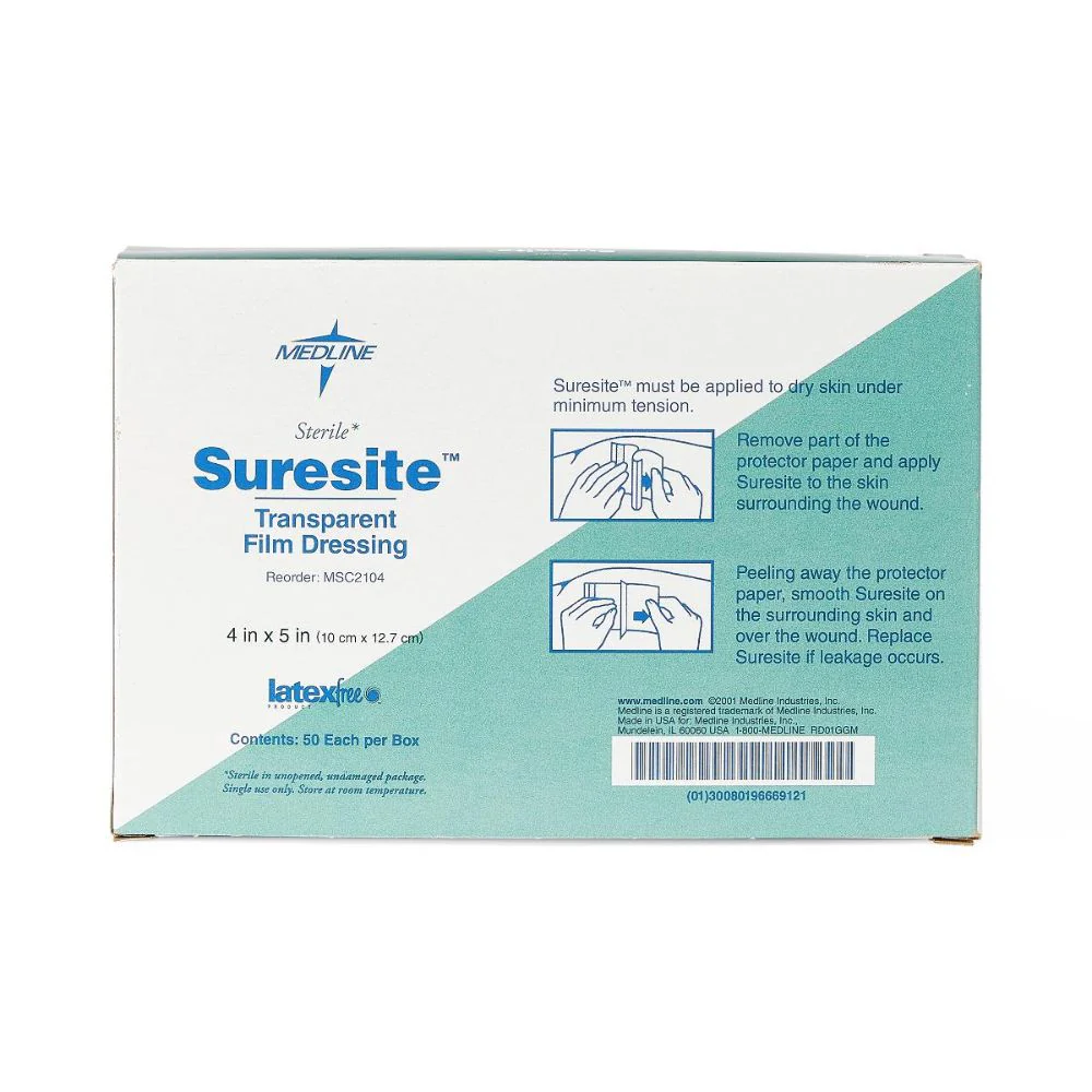 Medline Suresite Transparent Two Handle Film Dressing, 4" x 5", Rectangle Shape, Latex-free, Waterproof, Adhesive, MSC2104 - Image 3