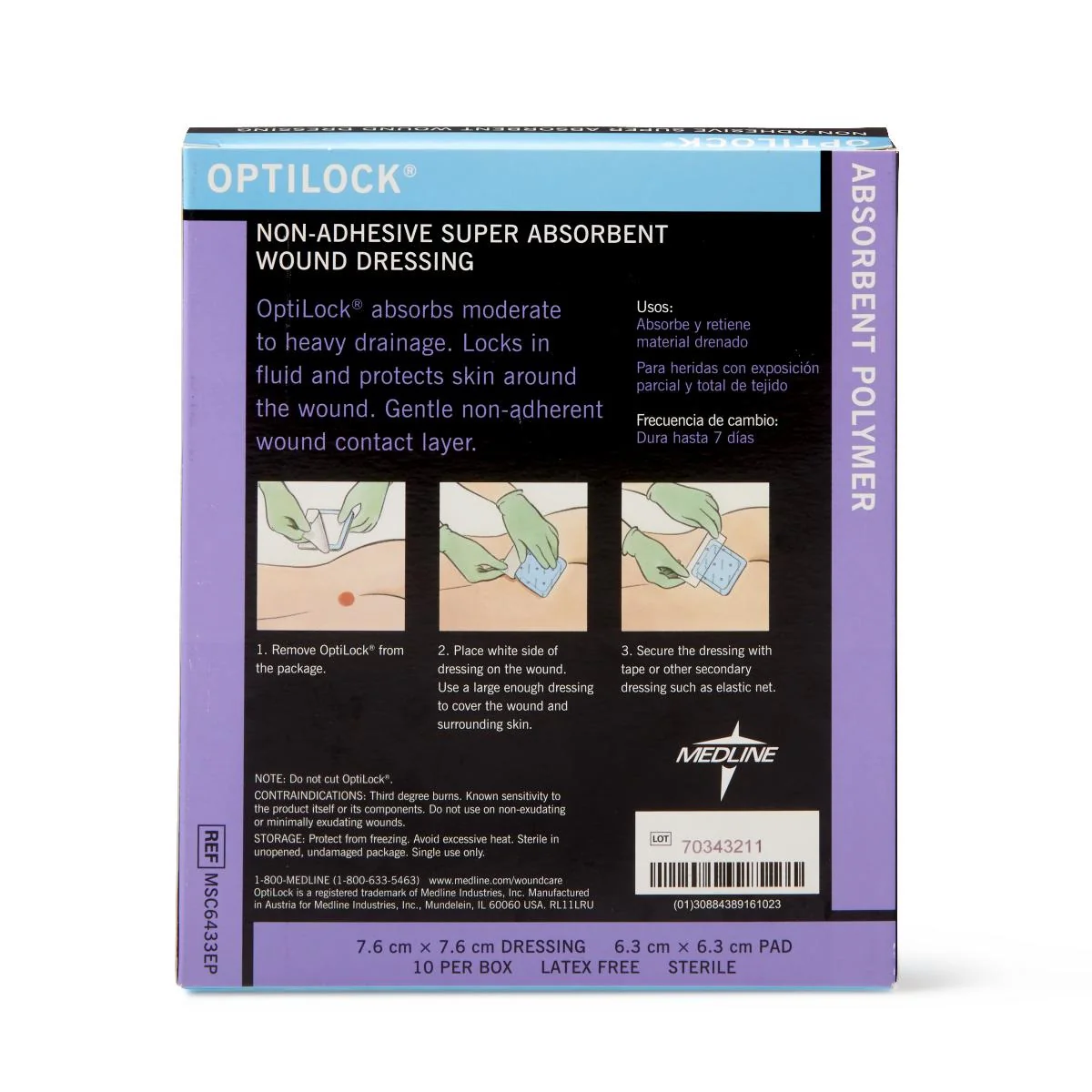Medline OptiLock Non-Adhesive Super Absorbent Wound Dressing 3" x 3", Sterile, MSC6433EP - Image 2