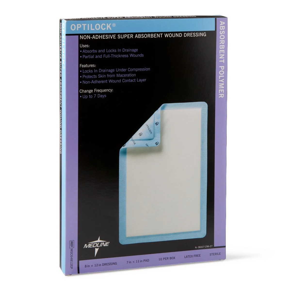 Medline OptiLock Non-Adhesive Super Absorbent Wound Dressing 8" x 12", Sterile, MSC64812EP