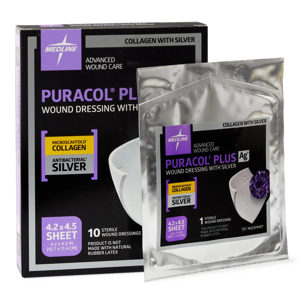 Medline Puracol Plus AG+ Collagen Dressing with Antimicrobial Silver, 4.25 x 4.5 In. Sheet, Sterile, Non-Adhesive, MSC8744EP