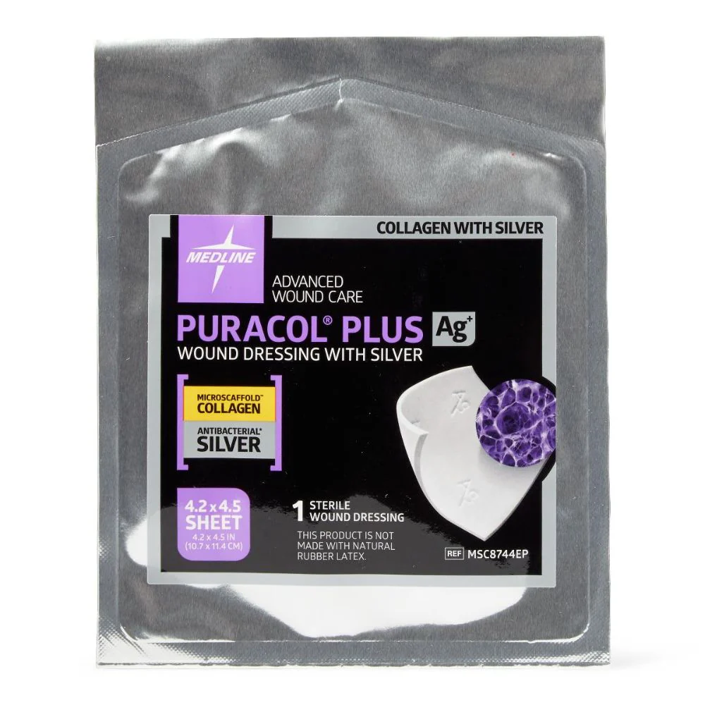 Medline Puracol Plus AG+ Collagen Dressing with Antimicrobial Silver, 4.25 x 4.5 In. Sheet, Sterile, Non-Adhesive, MSC8744EP - Image 2