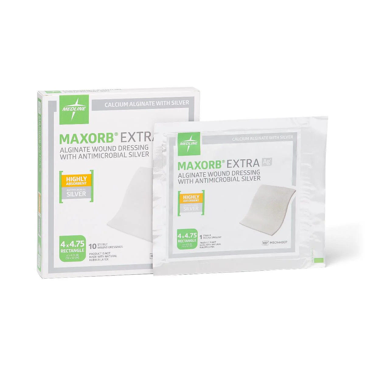 Medline Maxorb Extra AG+ CMC Alginate Dressing 4 x 4-3/4 In., Sterile, in Educational Packaging, MSC9445EPH