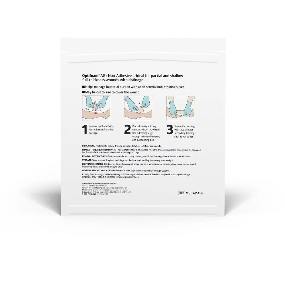 Medline Optifoam Ag+ Non-Adhesive Foam Dressing with Antibacterial Silver 4" x 4" Square Shape, Sterile, MSC9614EP - Image 2
