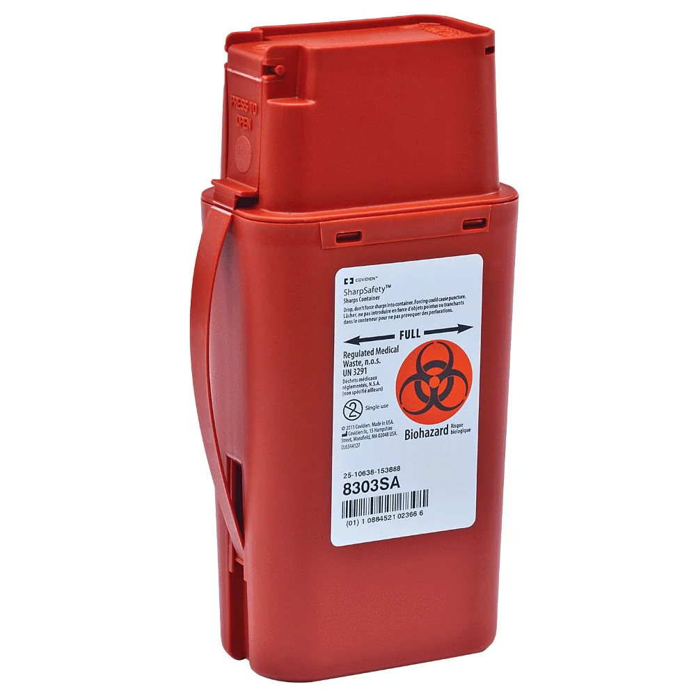 Covidien/Kendall Transportable Sharps Container with Hinged Snap Needle Notch Lid, 1 Quart, Red, 8303SA