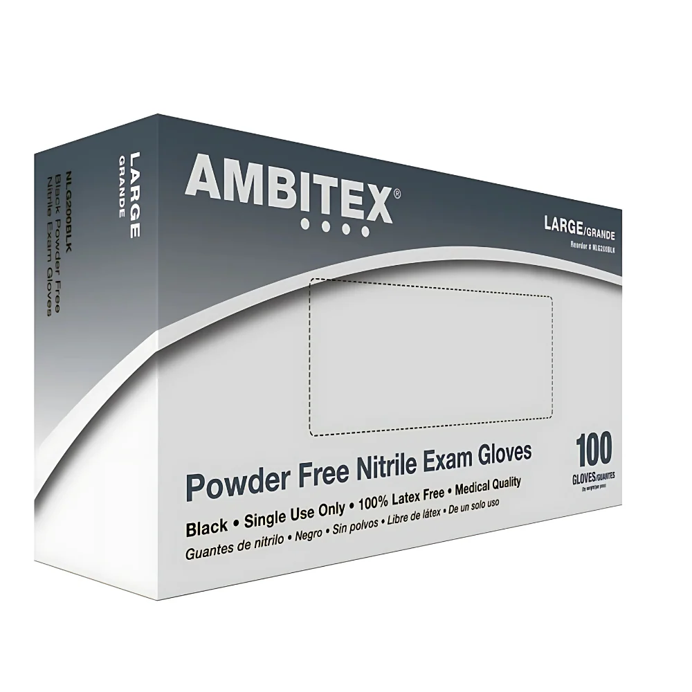 Ambitex N200BLK Series Nitrile Exam Gloves, Black, Powder-free, Latex-free, Non-Sterile
