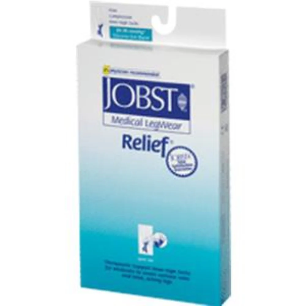 BSN Jobst Unisex Relief Thigh-High Firm Compression Stockings, Open Toe, Silicone Dot Band, Medium, Beige