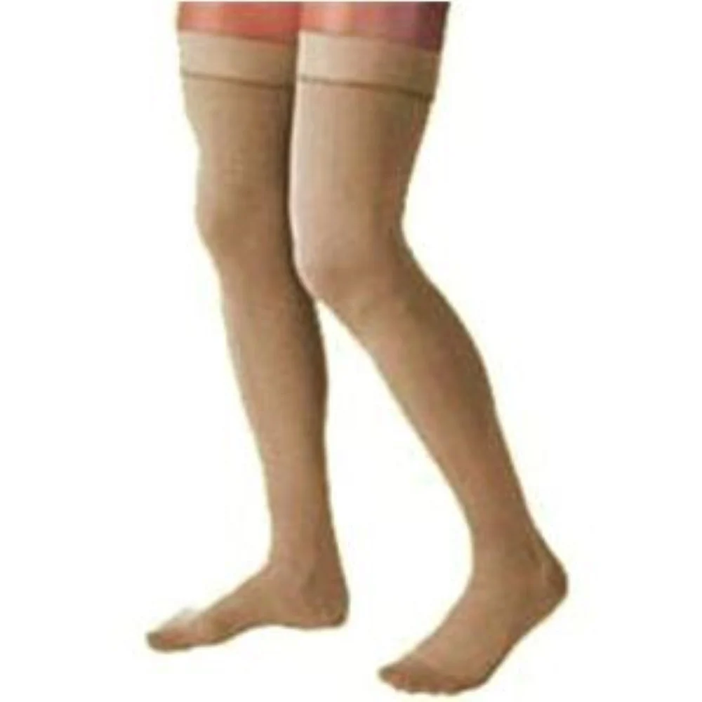 BSN Jobst Unisex Relief Thigh-High Moderate Compression Stockings with Silicone Dot Band, Open Toe, Medium, Beige