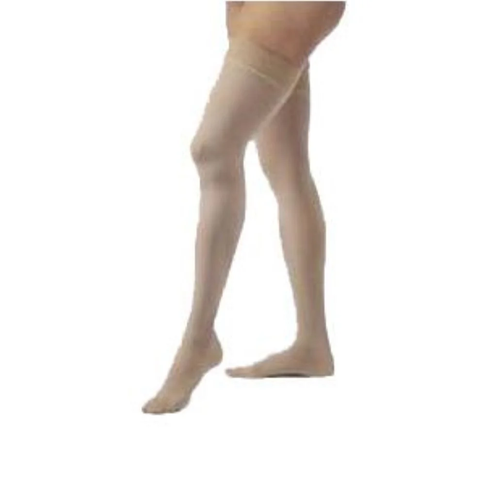 BSN Jobst Women's Opaque Thigh-High Extra Firm Compression Stockings with Silicone Dot Band, Closed Toe, Small, Silky Beige