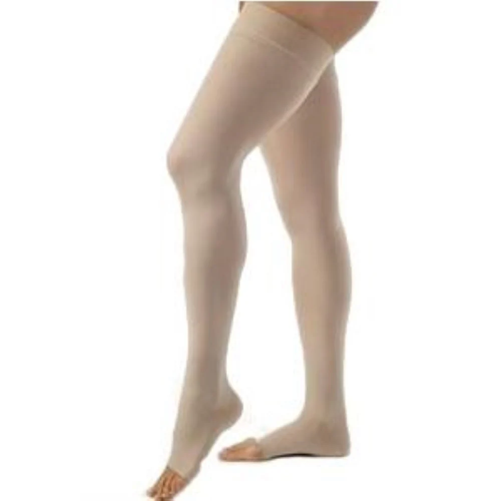 BSN Jobst Women's Opaque Thigh-High Firm Compression Stockings with Silicone Dot Band, Open Toe, XL, Natural