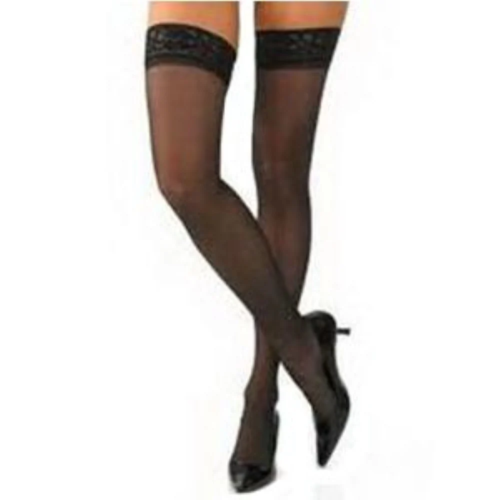 BSN Jobst Women's UltraSheer Thigh-High Firm Compression Stockings with Silicone Lace Band, Closed Toe, Large, Classic Black