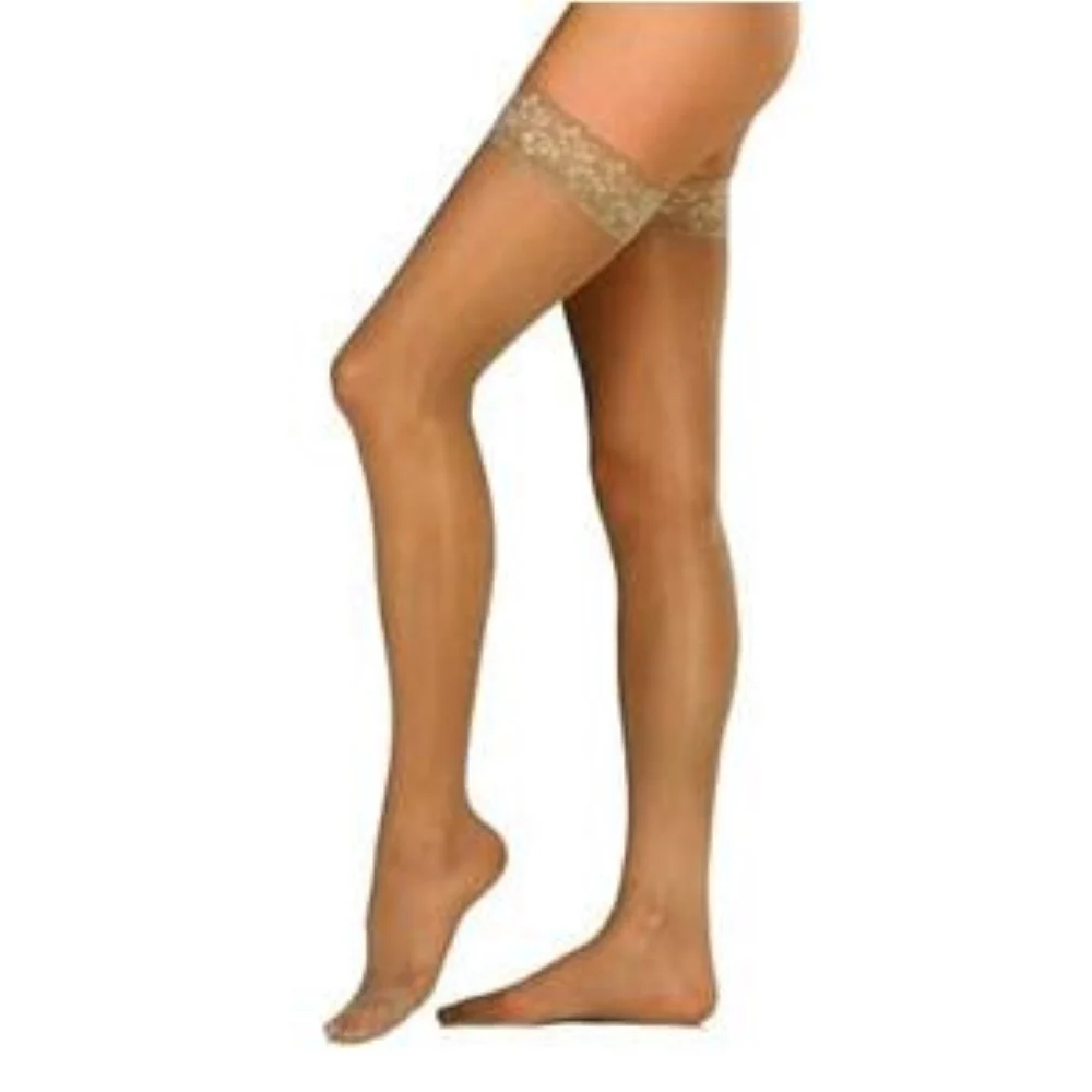 BSN Jobst Women's UltraSheer Thigh-High Extra Firm Compression Stockings with Lace Silicone Strip, Closed Toe, XL, Suntan
