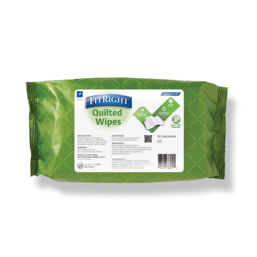Medline FitRight Aloe Quilted Cleansing Wipes, 8" x 12", Alcohol-Free, Fragrance Free, Pack of 48