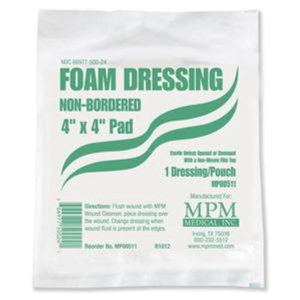 MPM Medical Non-bordered Foam Dressing 4" x 4" Square with Water-proof Top Layer