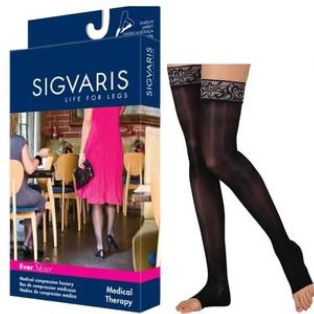 782N Style Sheer Thigh, 20-30mmHg, Open Toe, Medium, Long, Black